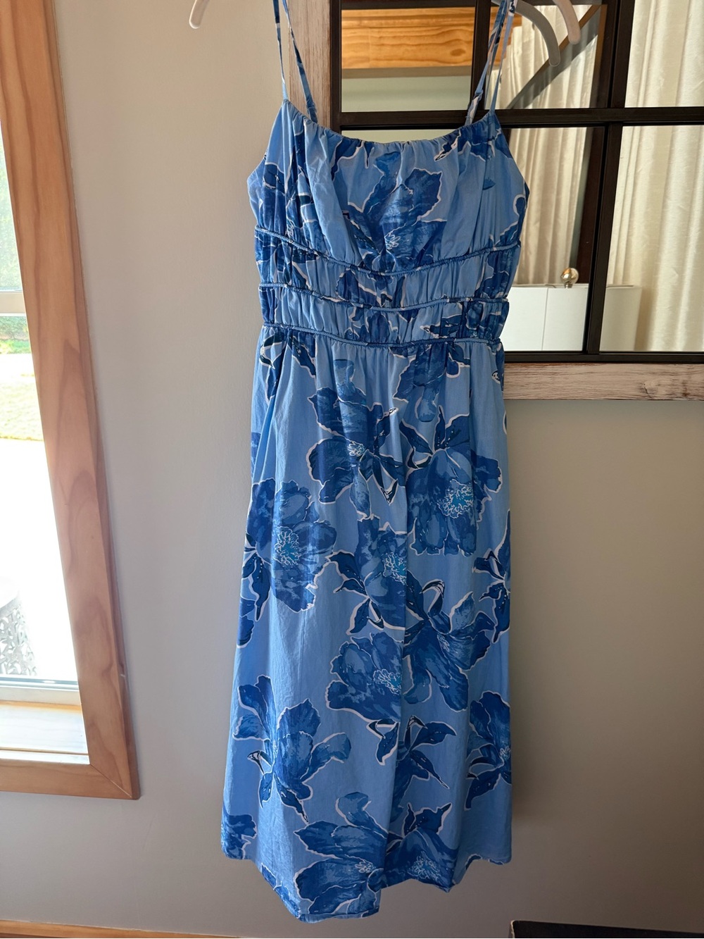 Blue Floral Midi Sundress with Smocked Waist and Spaghetti Straps